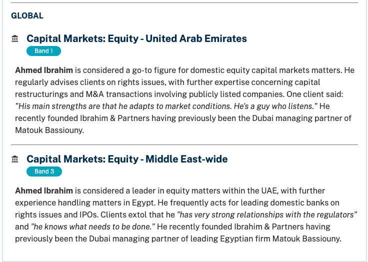Ahmed ibrahim is ranked in the middle east region and in band 1 equity Capital Markets by Chambers & Partners